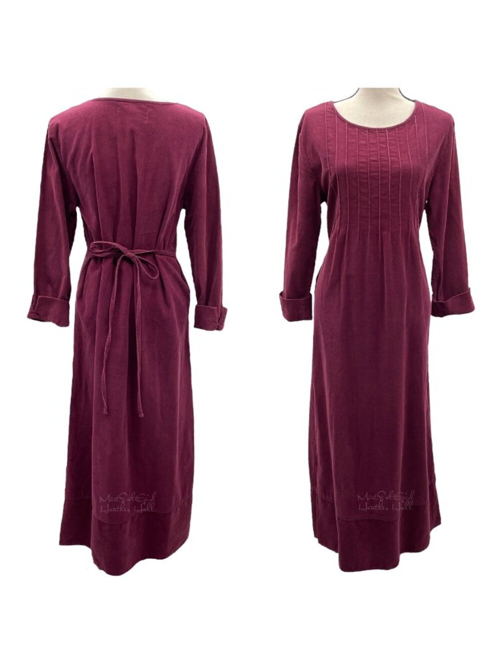 Victoria Holley Burgundy Cotton Long Sleeve Dress W/ Pintuck Detail & Waist